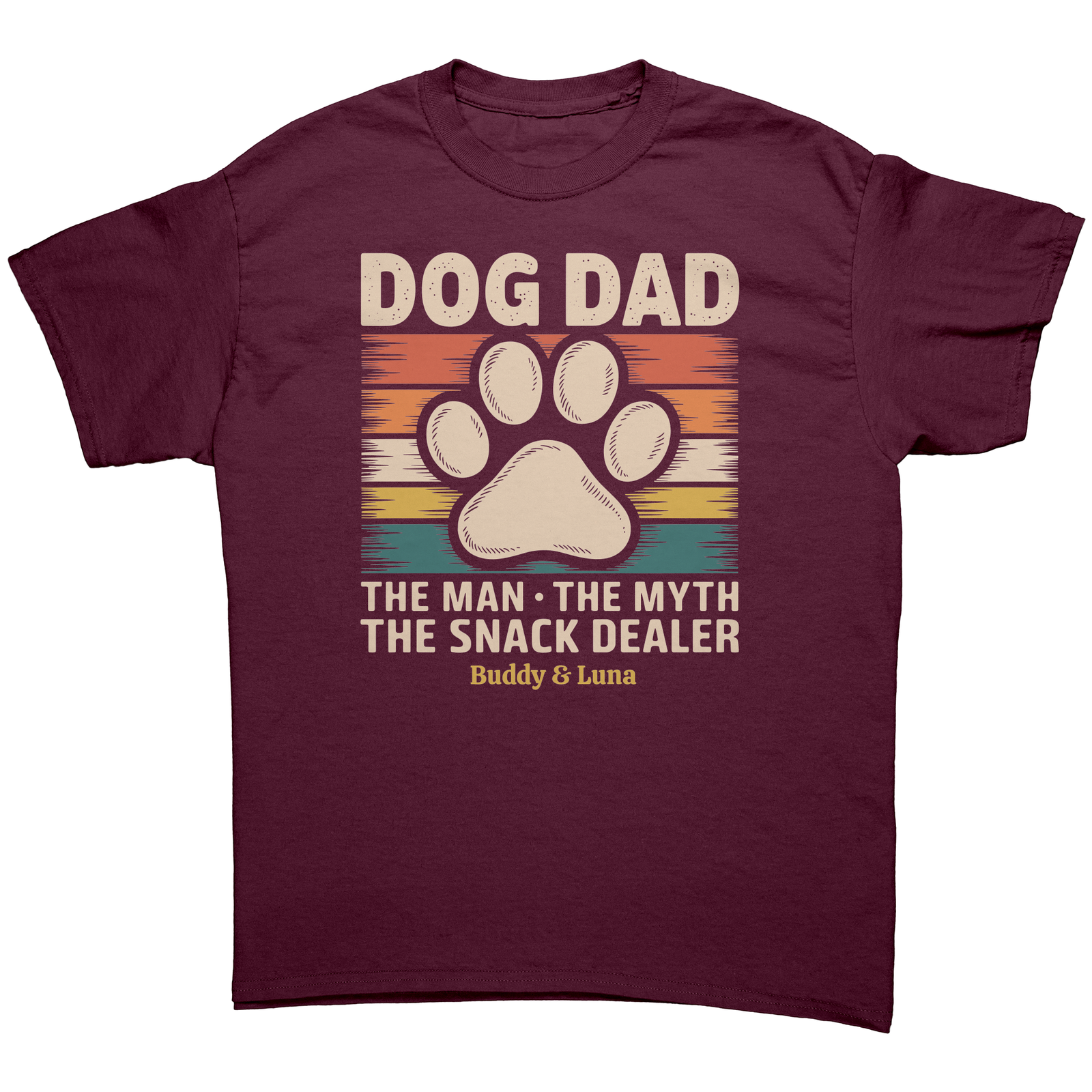Dog Dad: The Man, The Myth, The Snack Dealer. Personalized Dark T-shirt