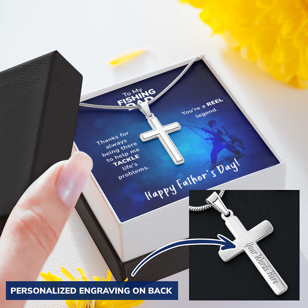 Personalized REEL Legend" Fishing Dad Chain and Cross – Father's Gift