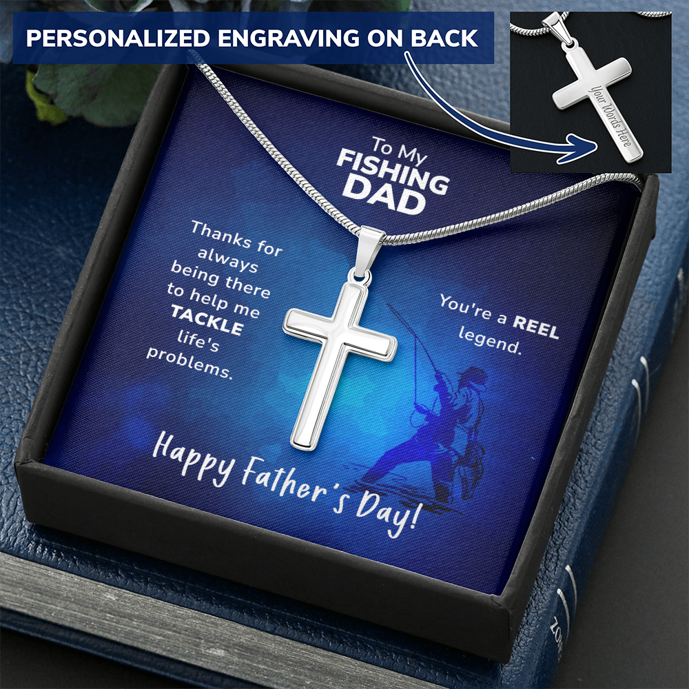 Personalized REEL Legend" Fishing Dad Chain and Cross – Father's Gift