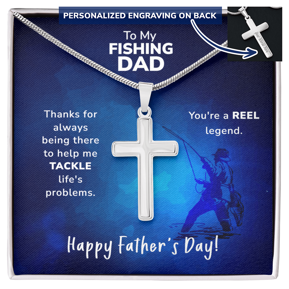 Personalized REEL Legend" Fishing Dad Chain and Cross – Father's Gift