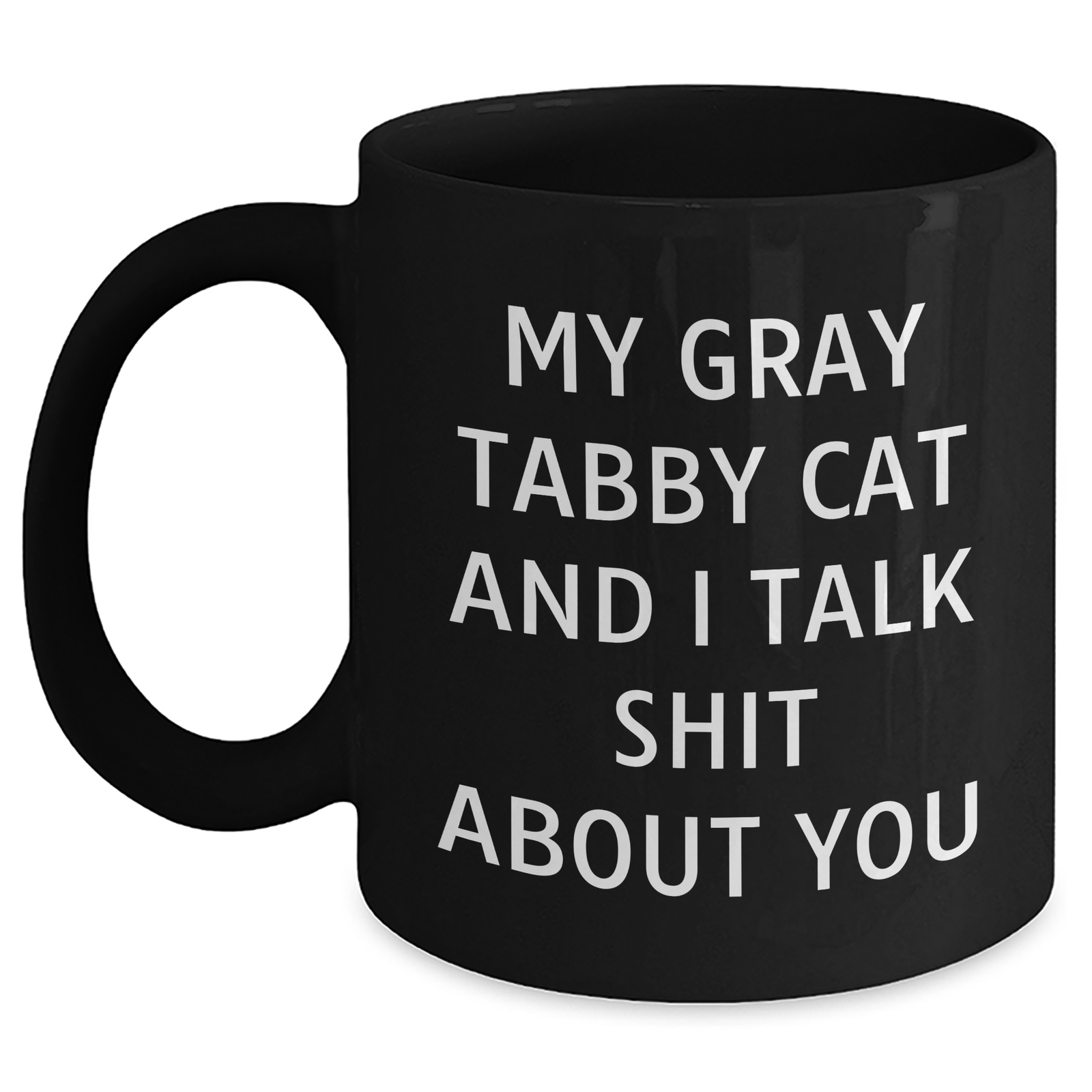 Gray Tabby Cat Gifts - Black Coffee Mug, Funny Quote 'My Gray Tabby Cat And I Talk Shit About You' - Father's Day Unique Gifts from Friends to Gray Tabby Cat Lovers - Main