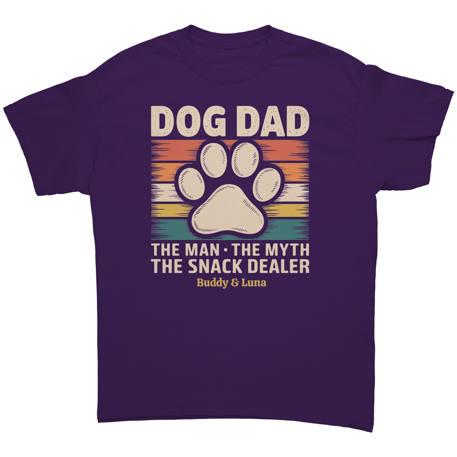Dog Dad: The Man, The Myth, The Snack Dealer. Personalized Dark T-shirt