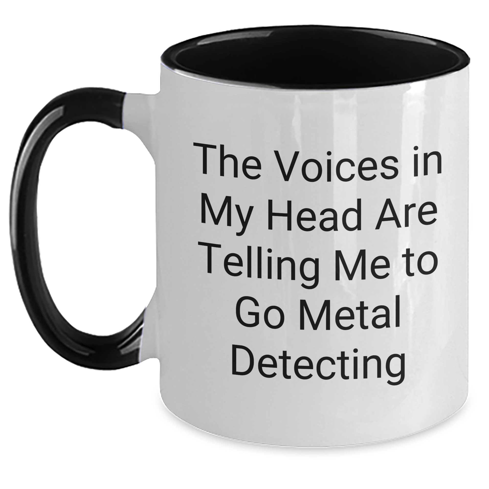 Funny Metal Detecting Gifts from Friends for Dad's Unique Two Tone Coffee Mug - 'The Voices In My Head Are Telling Me To Go Metal Detecting' - Main