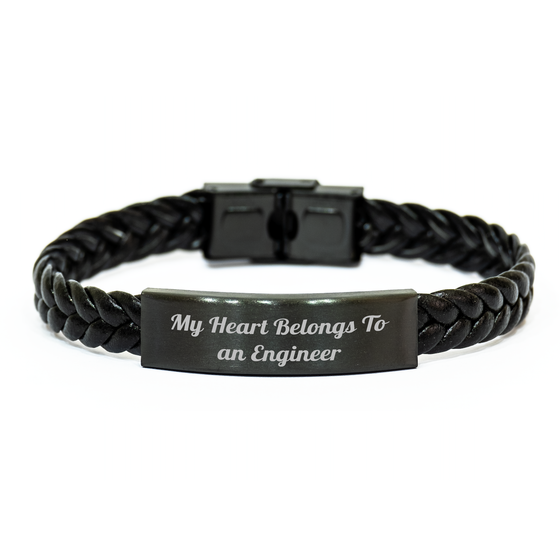 Funny Engineer Gifts from Friends - Interlaced Leather Bracelet for Him - 'My Heart Belongs To An Engineer' Quote on Stainless Steel and PU Leather, Perfect for Father's Day - Image 1