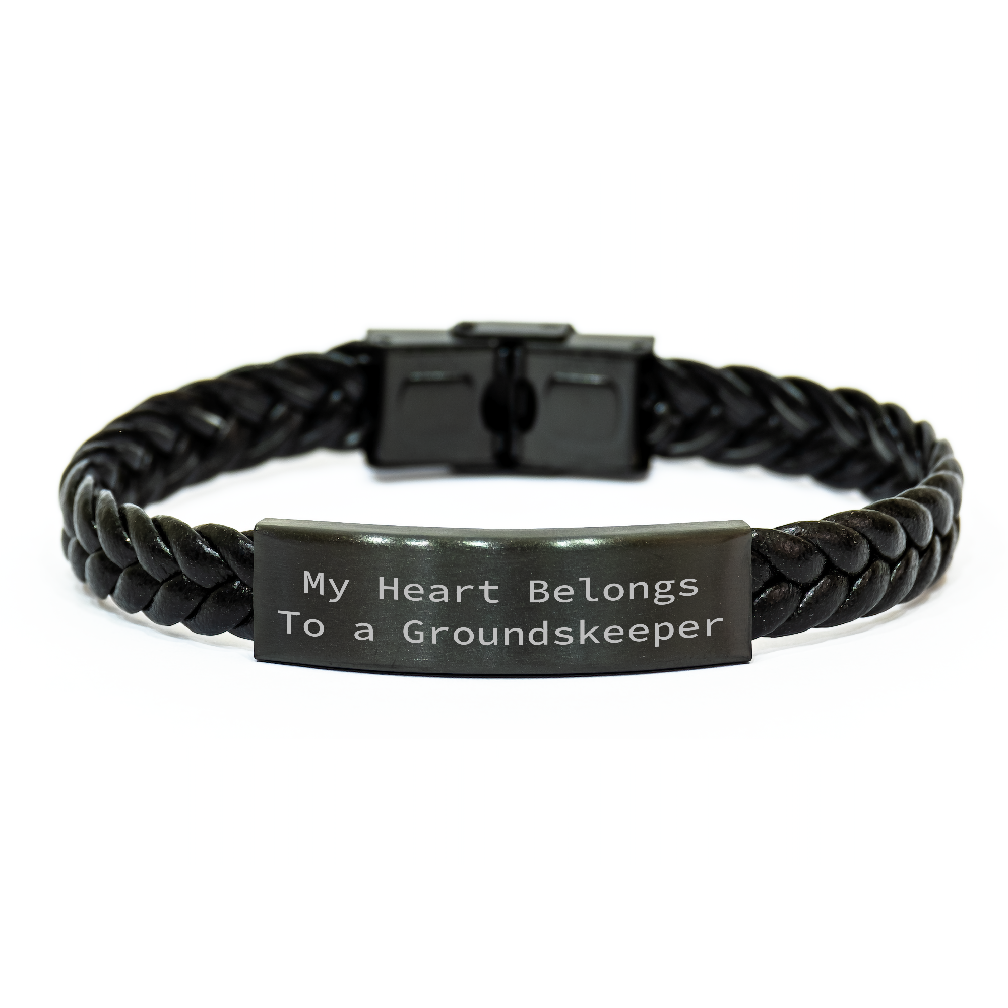 Funny groundskeeper Gifts, Interlaced Leather Bracelet for Men, My Heart Belongs To A groundskeeper Quote, Father's Day Unique Gifts from Family - Image 1