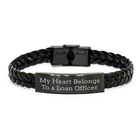 Funny Loan Officer Gifts, Interlaced Leather Bracelet Quote, 'My Heart Belongs To A Loan Officer' Unique Father's Day Unique Gifts from Friends to Loan Officer - Image 1