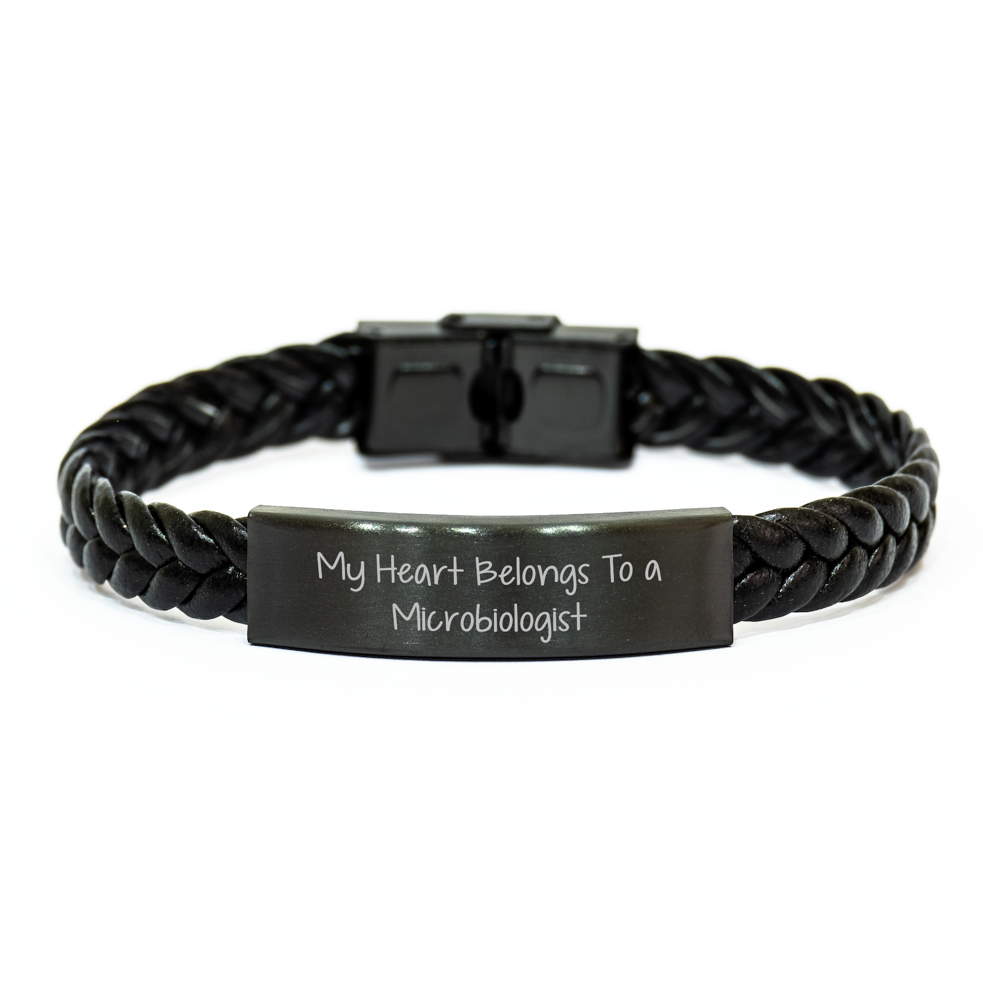 Funny Microbiologist Gifts, Interlaced Leather Bracelet with Quote 'My Heart Belongs To A Microbiologist' for Father's Day, Gifts from Men to Microbiologist - Image 1