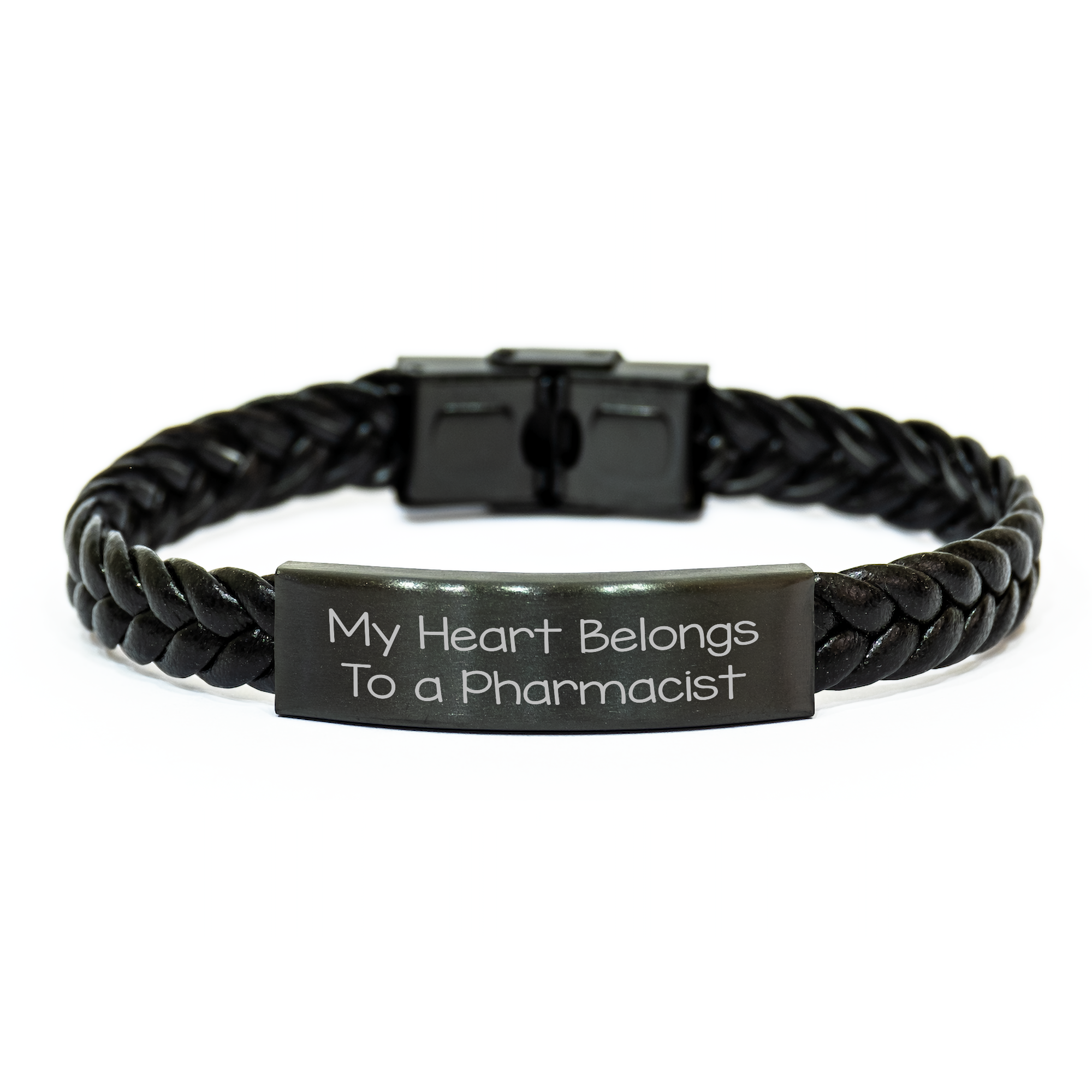Funny Pharmacist Gifts, 'My Heart Belongs To A Pharmacist' Stainless Steel Interlaced Leather Bracelet for Dad, Men, or Coworkers, Father's Day Unique Gifts from Family - Image 1