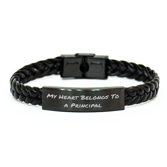Funny Principal Gifts - 'My Heart Belongs To A Principal' Interlaced Leather Bracelet for Men, Gifts from Friends, Coworkers, Family - Father's Day Unique Gifts - Image 1