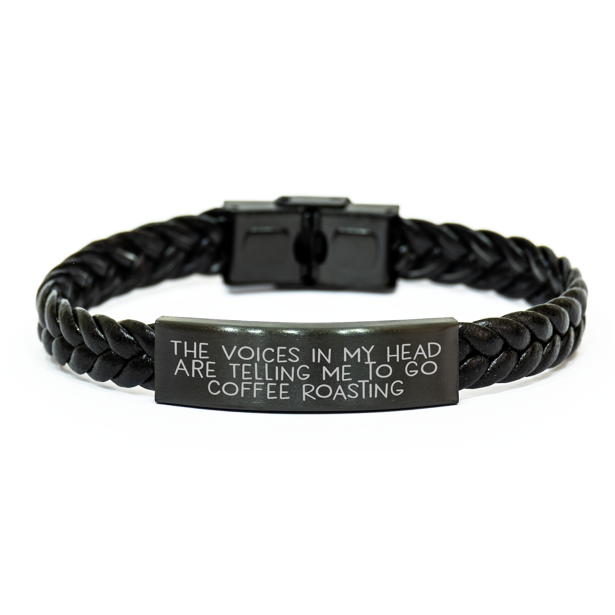 Funny Coffee Roasting Gifts from Friends for Men's Interlaced Leather Bracelet with Engraved Stainless Steel - 'The Voices In My Head Are Telling Me To Go Coffee Roasting' for Father's Day - Image 1