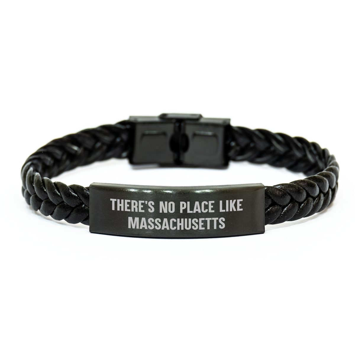 Massachusetts Gifts from Friends for Father&#39;s Day Interlaced Leather Bracelet with Quote &#39;There&#39;s No Place Like Massachusetts&#39; - Image 1