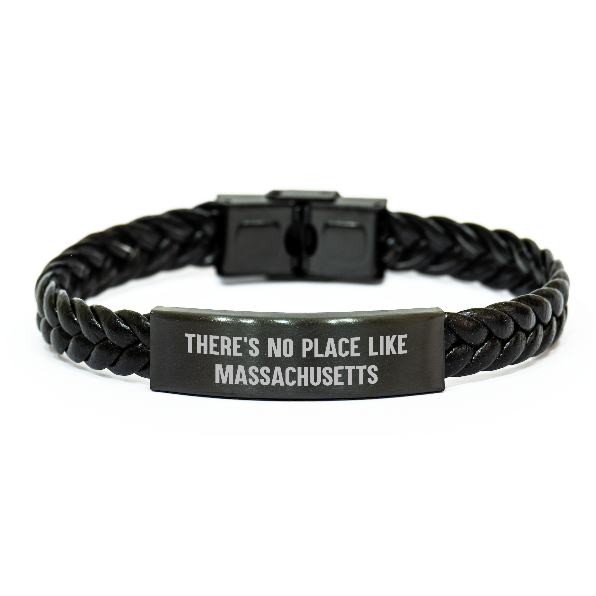 Massachusetts Gifts from Friends for Father's Day Interlaced Leather Bracelet with Quote 'There's No Place Like Massachusetts' - Image 1