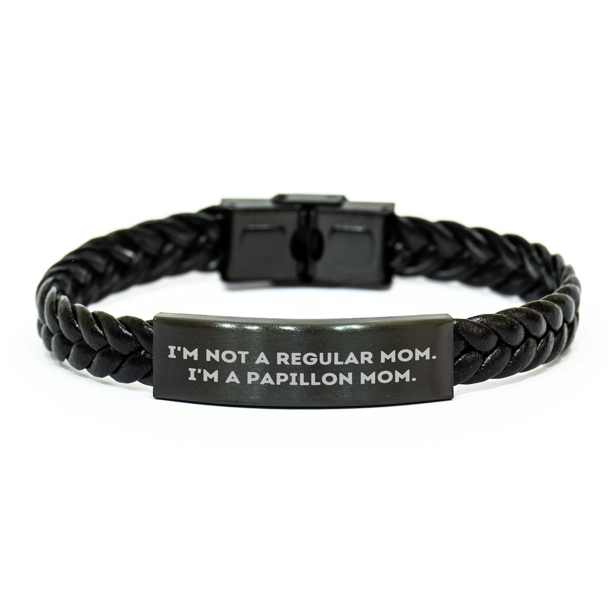 Papillon Dog Lover&#39;s Delight, Interlaced Leather Bracelet for Dad&#39;s Special Day, Funny Quote &#39;I&#39;m Not A Regular Mom. I&#39;m A Papillon Mom.&#39; Gifts from Mom to Dad - Image 1