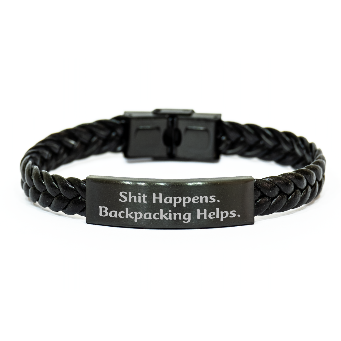 Backpacking Adventures for Men - Funny Quote Interlaced Leather Bracelet Gifts from Family and Friends for Him - Shit Happens Backpacking Helps - Image 1