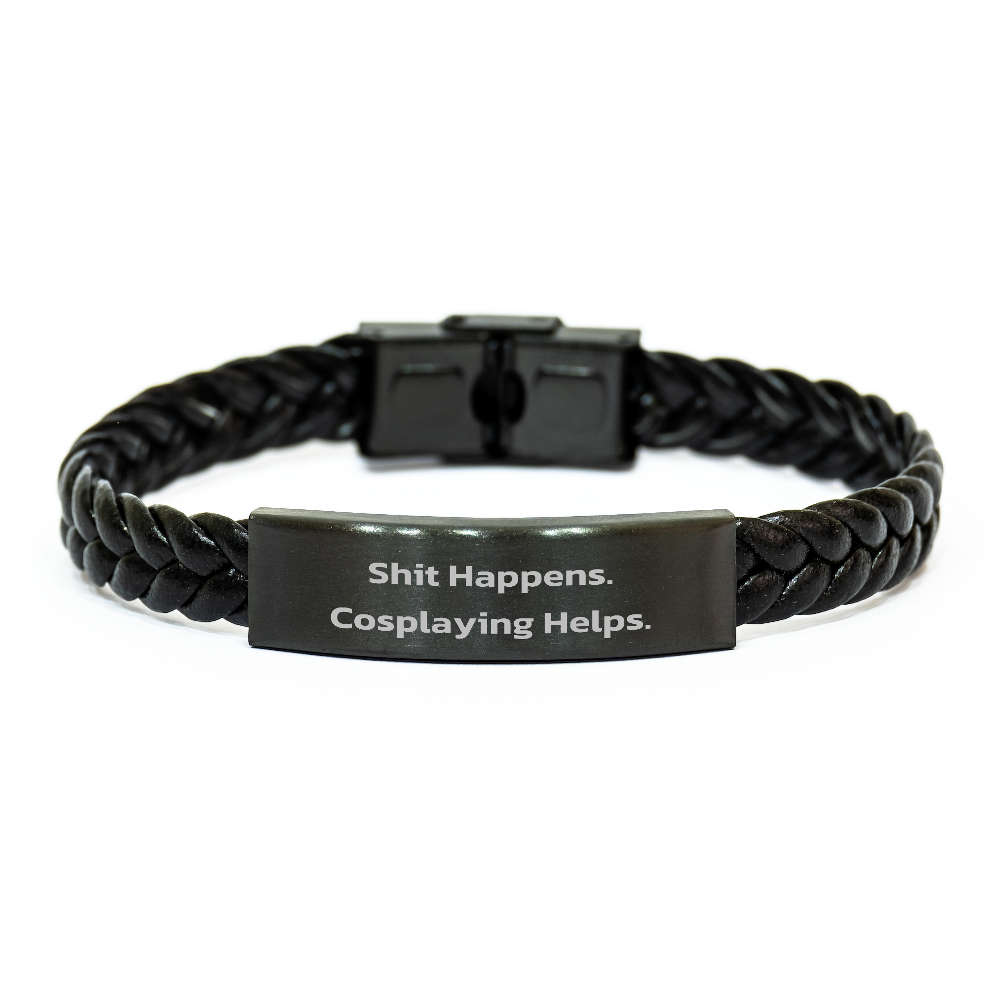 Shit Happens. Cosplaying Helps. Unique Interlaced Leather Bracelets for Cosplayers, Father's Day Unique Gifts from Men, Gifts for Cosplaying Men - Image 1