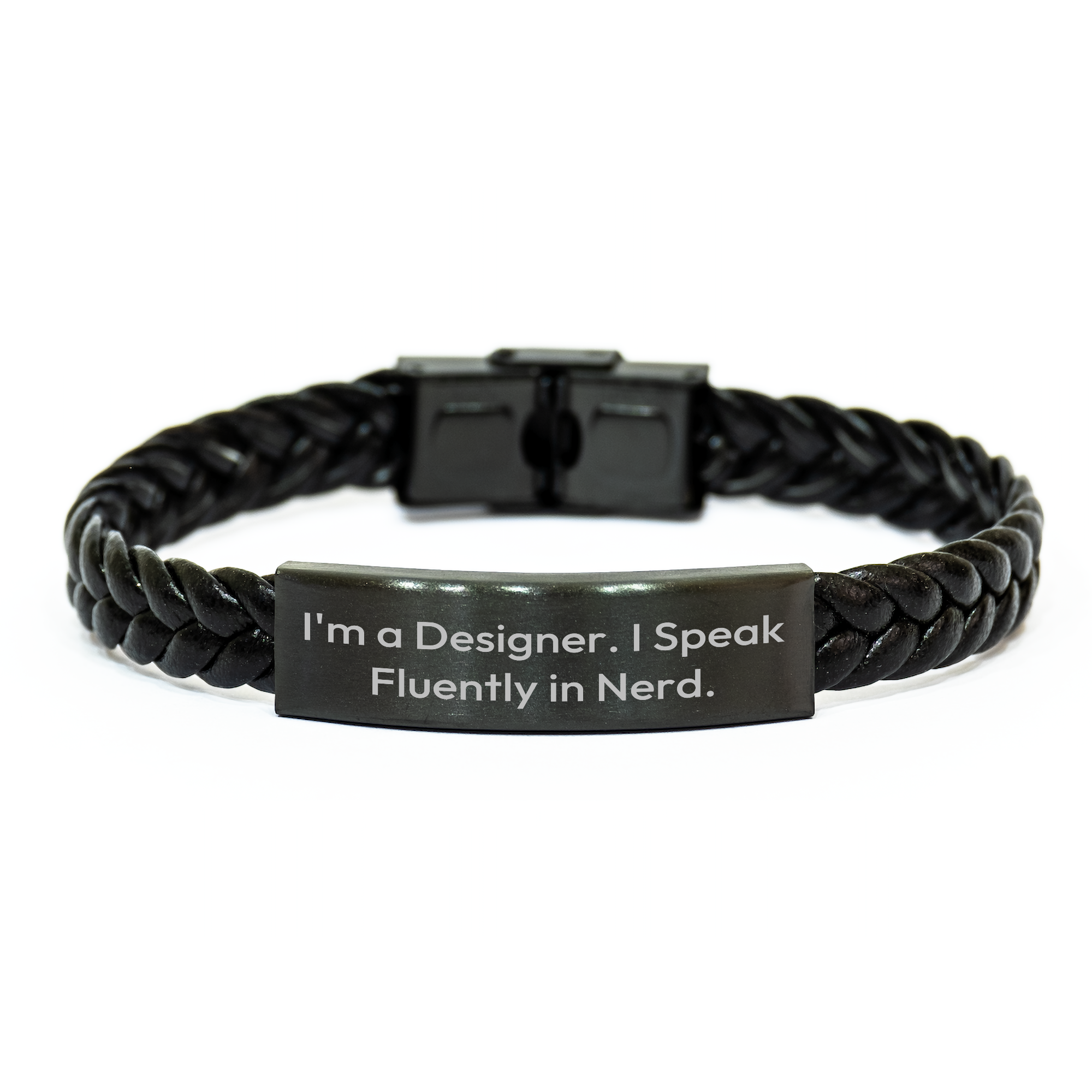 Gifts from Men for Designer Friends - Interlaced Leather Bracelet with Quote 'I'm A Designer. I Speak Fluently In genius.' for Father's Day - Image 1