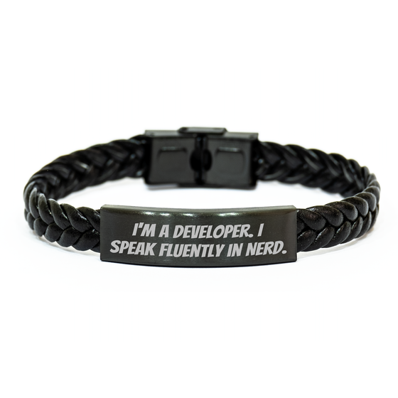 Unique Developer Gifts from Friends, Unique Interlaced Leather Bracelet for Men, Funny Quote 'I'm A Developer. I Speak Fluently In genius.' for Father's Day - Image 1