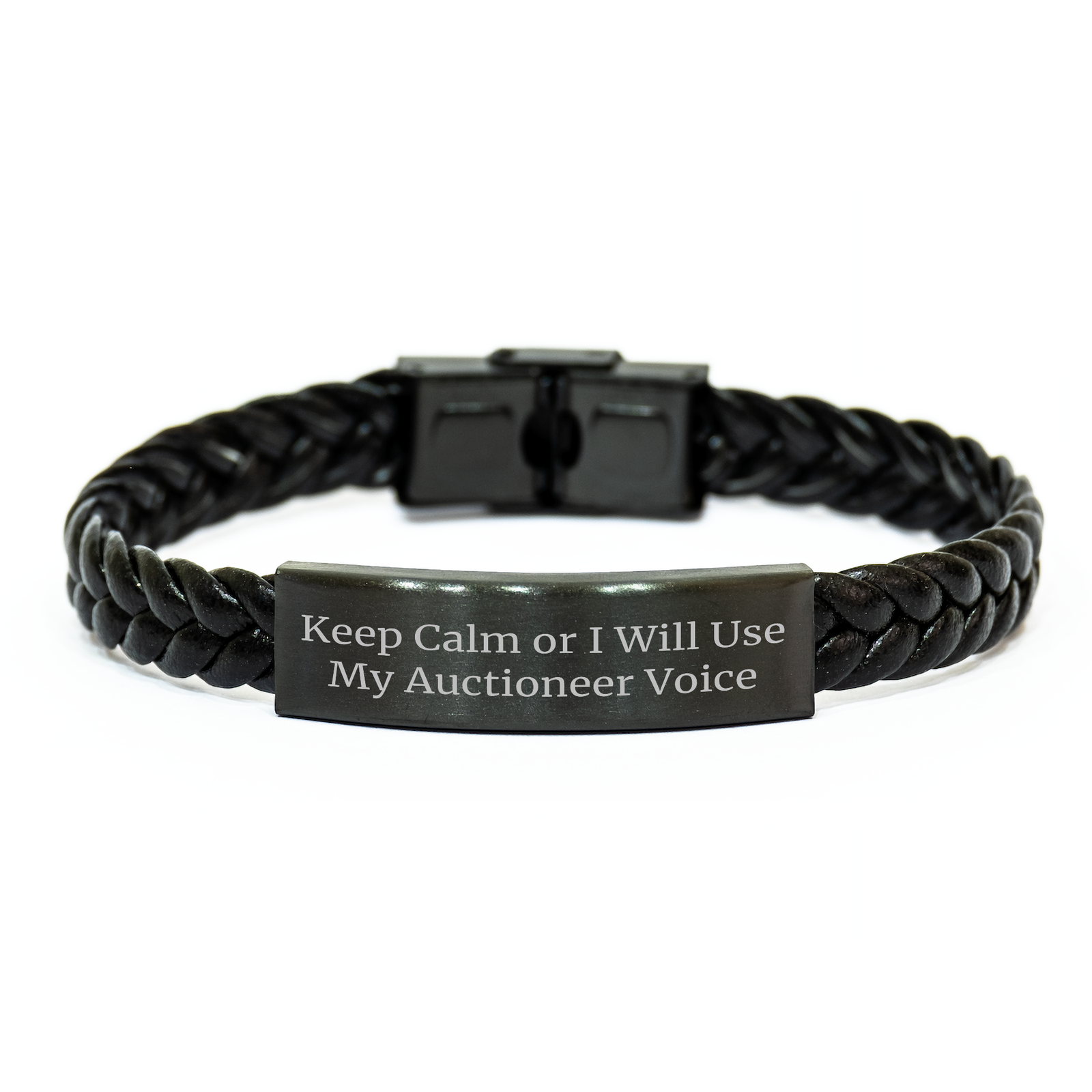 Funny Auctioneer Gifts: Keep Calm Or I Will Use My Auctioneer Voice Interlaced Leather Bracelet, Gifts from Men to Auctioneer on Mother's Day - Image 1