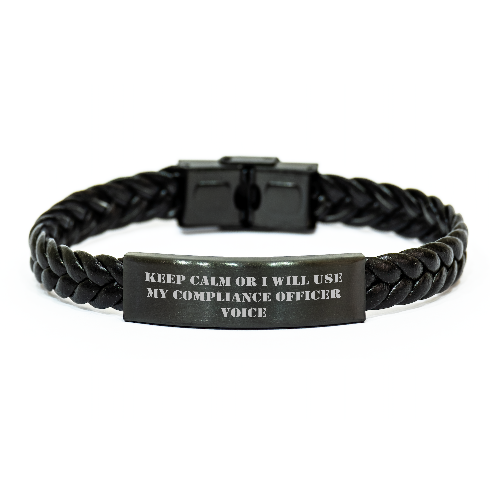 Compliance Officer Gifts Funny Interlaced Leather Bracelet, 'Keep Calm Or I Will Use My Compliance Officer Voice', Mother's Day Unique Gifts from Family, Gifts for Compliance Officer - Image 1
