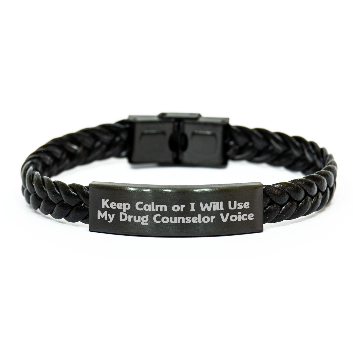 Funny Drug Counselor Gifts from Friends - Keep Calm Or I Will Use My Drug Counselor Voice Interlaced Leather Bracelet for Mother&#39;s Day - Image 1