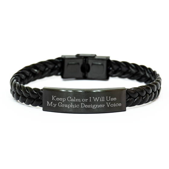 Funny Graphic Designer Gifts: Keep Calm Or I Will Use My Graphic Designer Voice Interlaced Leather Bracelet for Men, Gifts from Friends, Coworkers, Family, Unique Father's Day Unique Gifts - Image 1