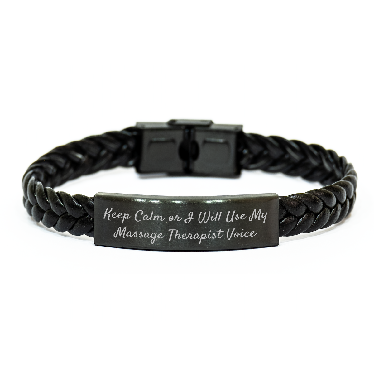 Massage Therapist Humor Gifts, Funny Interlaced Leather Bracelet for Men, &#39;Keep Calm Or I Will Use My Massage Therapist Voice&#39; Quote, Father&#39;s Day Unique Gifts from Friends - Image 1