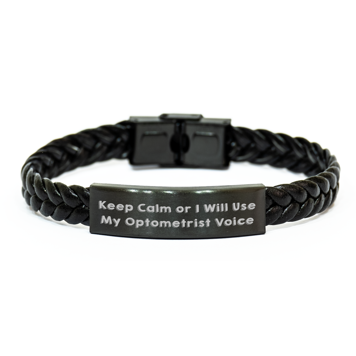 Funny Optometrist Gifts - Keep Calm Or I Will Use My Optometrist Voice Interlaced Leather Bracelet for Men, Unique Father&#39;s Day Unique Gifts from Men to Optometrist - Image 1