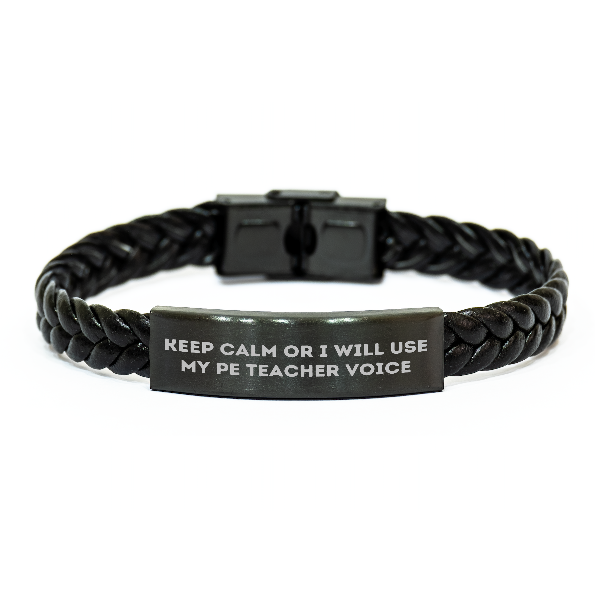 Funny PE Teacher Gift Ideas, Keep Calm Or I Will Use My Pe Teacher Voice Interlaced Leather Bracelet for Men, Father's Day Unique Gifts from Friends to Family - Image 1