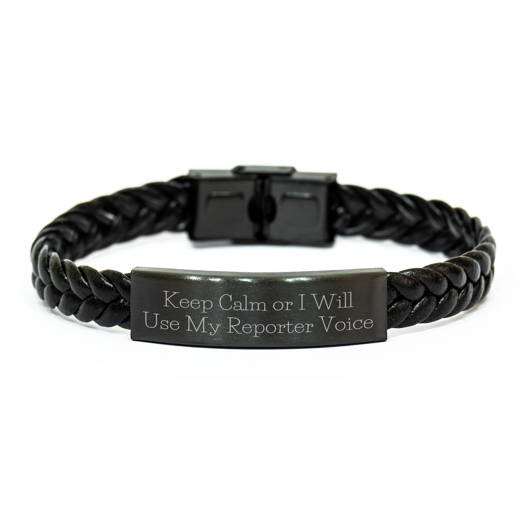 Funny Reporter Gifts from Men - Keep Calm Or I Will Use My Reporter Voice Interlaced Leather Bracelet for Father's Day - Image 1