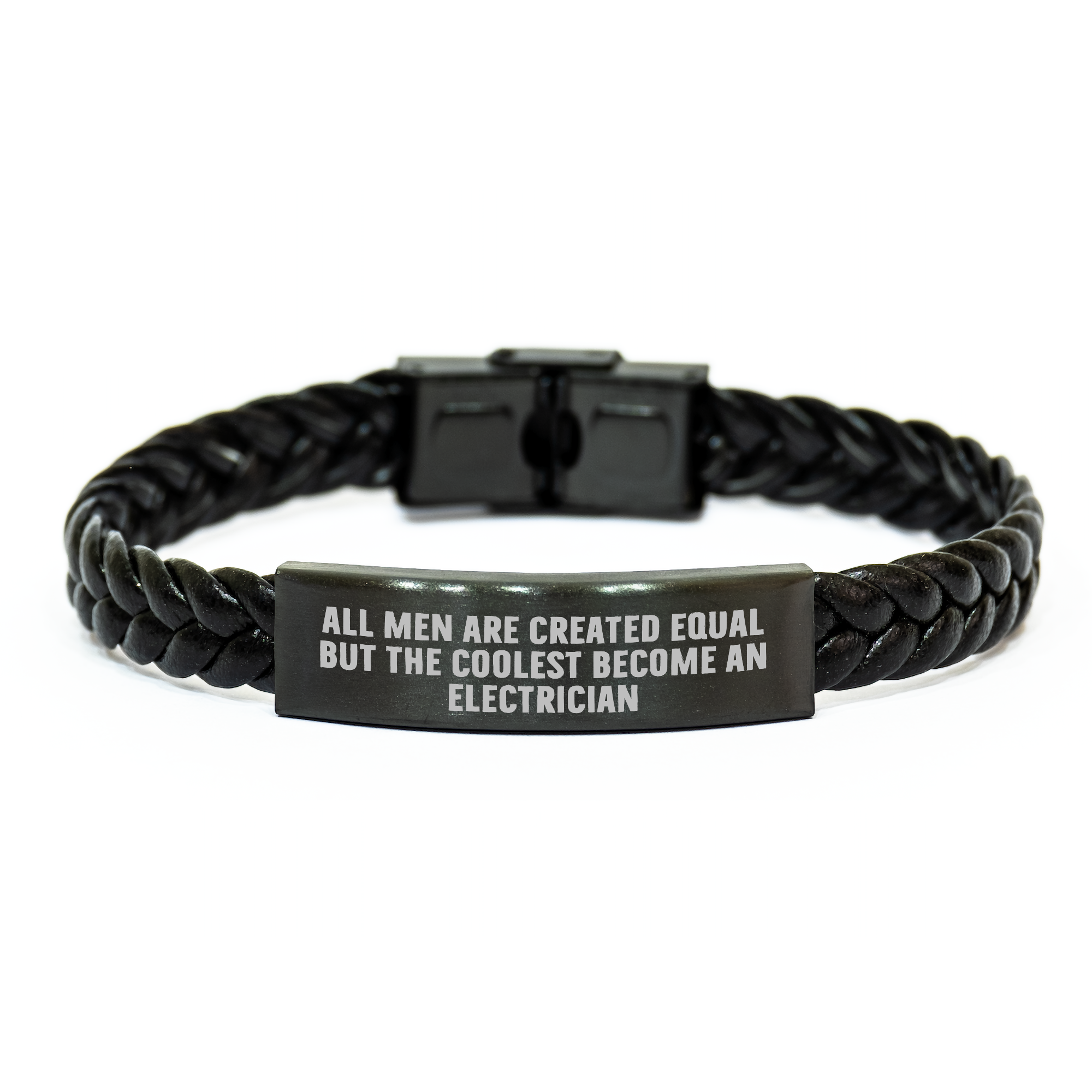 Funny Electrician Gifts from Men to Electrician on Mother's Day - Interlaced Leather Bracelet with Quote 'All Men Are Created Equal But The Coolest Become An Electrician' - Image 1