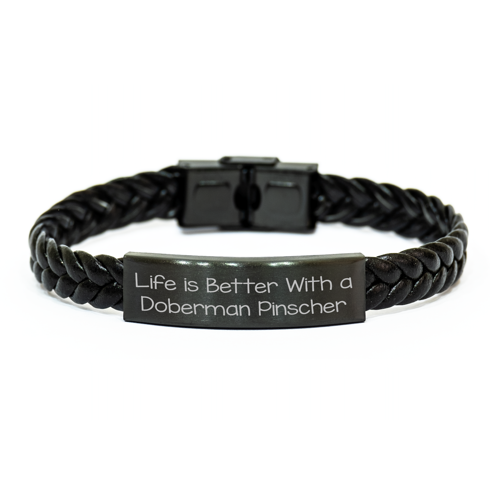Cute Doberman Pinscher Gifts For Father's Day - Engraved Interlaced Leather Bracelet | Life Is Better With A Doberman Pinscher - Image 1