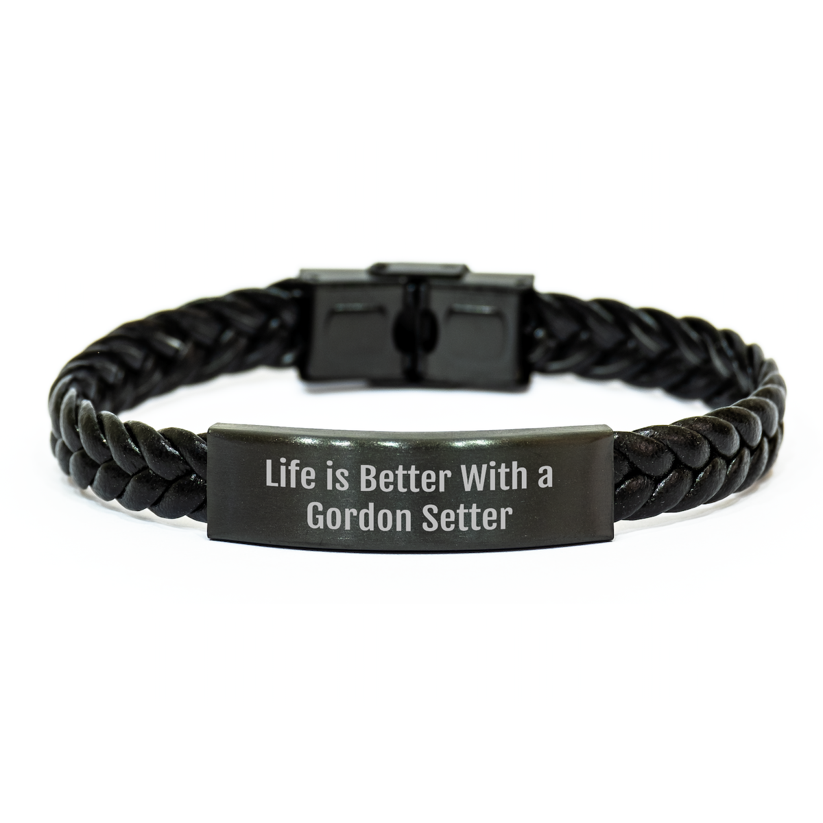 Inspirational Gordon Setter Gifts for Father&#39;s Day | Interlaced Leather Bracelet Engraved with &#39;Life Is Better With A Gordon Setter&#39; | Ideal Gifts from Dog Owner to Dad - Image 1