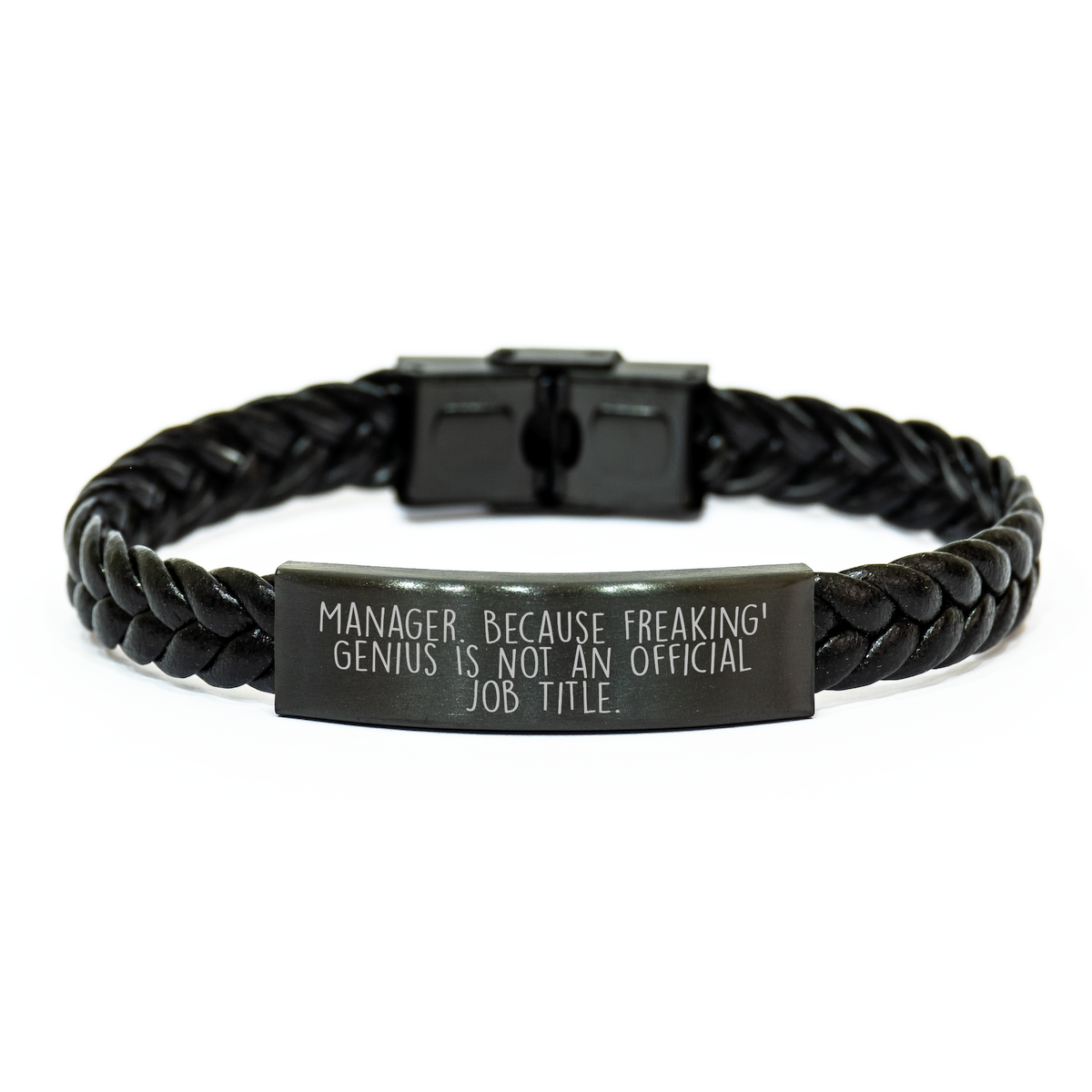 Funny Manager Gifts, Interlaced Leather Bracelet for Men, &#39;Manager. Because Freaking&#39; genius Is Not An Official Job Title.&#39; Quote, Father&#39;s Day Unique Gifts from Family to Dad - Image 1