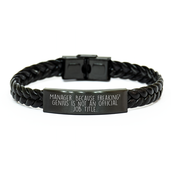 Funny Manager Gifts, Interlaced Leather Bracelet for Men, 'Manager. Because Freaking' genius Is Not An Official Job Title.' Quote, Father's Day Unique Gifts from Family to Dad - Image 1