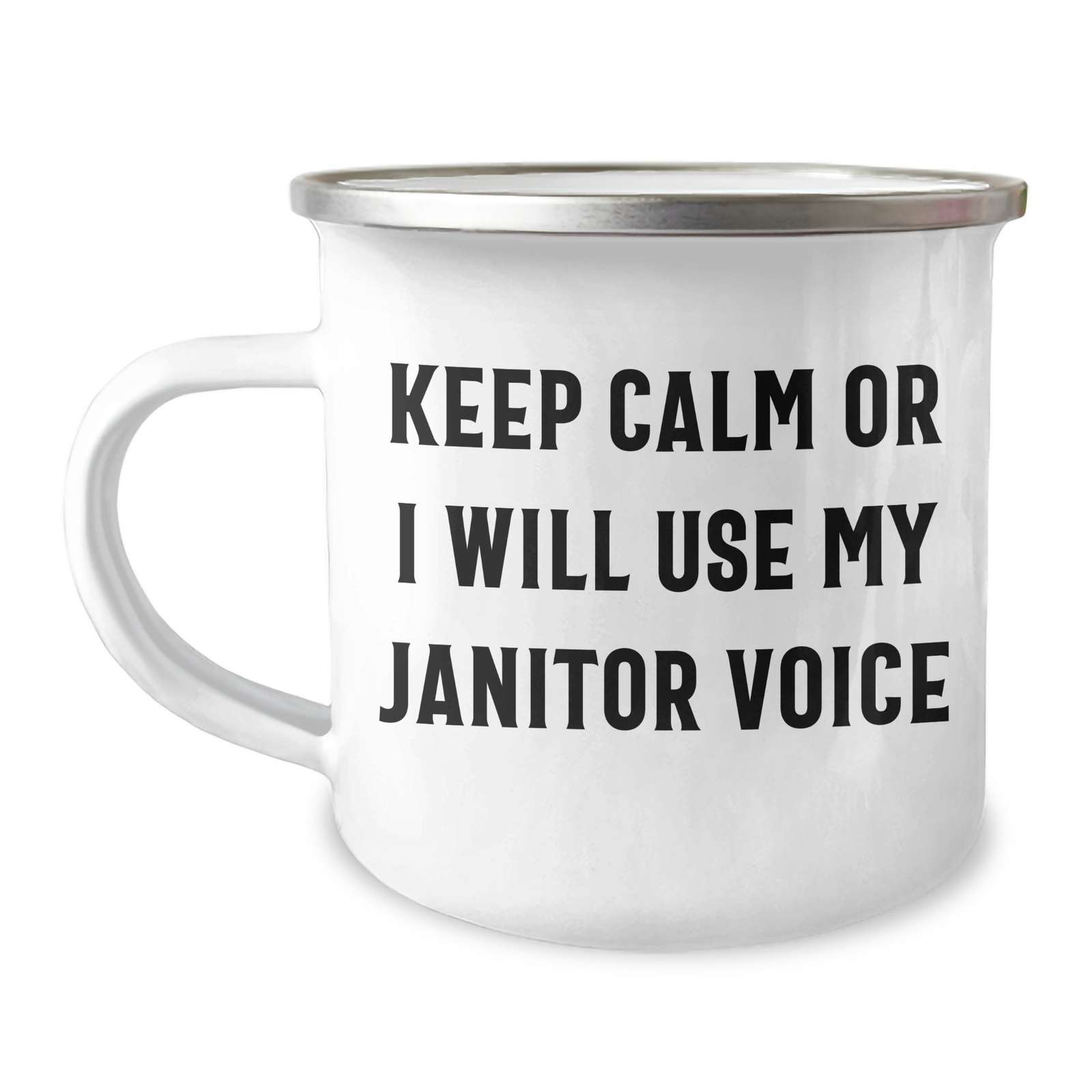 Funny Janitor Gifts for Men - Keep Calm Janitor Voice Camping Mug, 12 oz Stainless Steel with Enamel Finish, Gifts from Friends and Family for Father's Day - Image 1