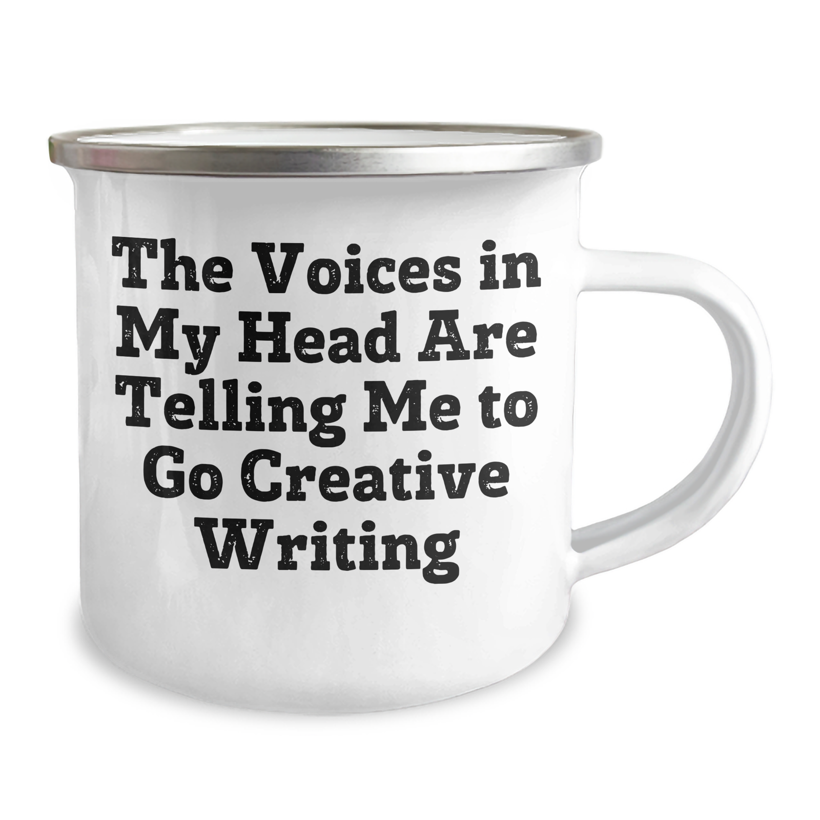 Creative Writing Inspiration Gifts from Men to Friends on Father's Day - 'The Voices In My Head Are Telling Me To Go Creative Writing' Quote Camping Mug - Image 2