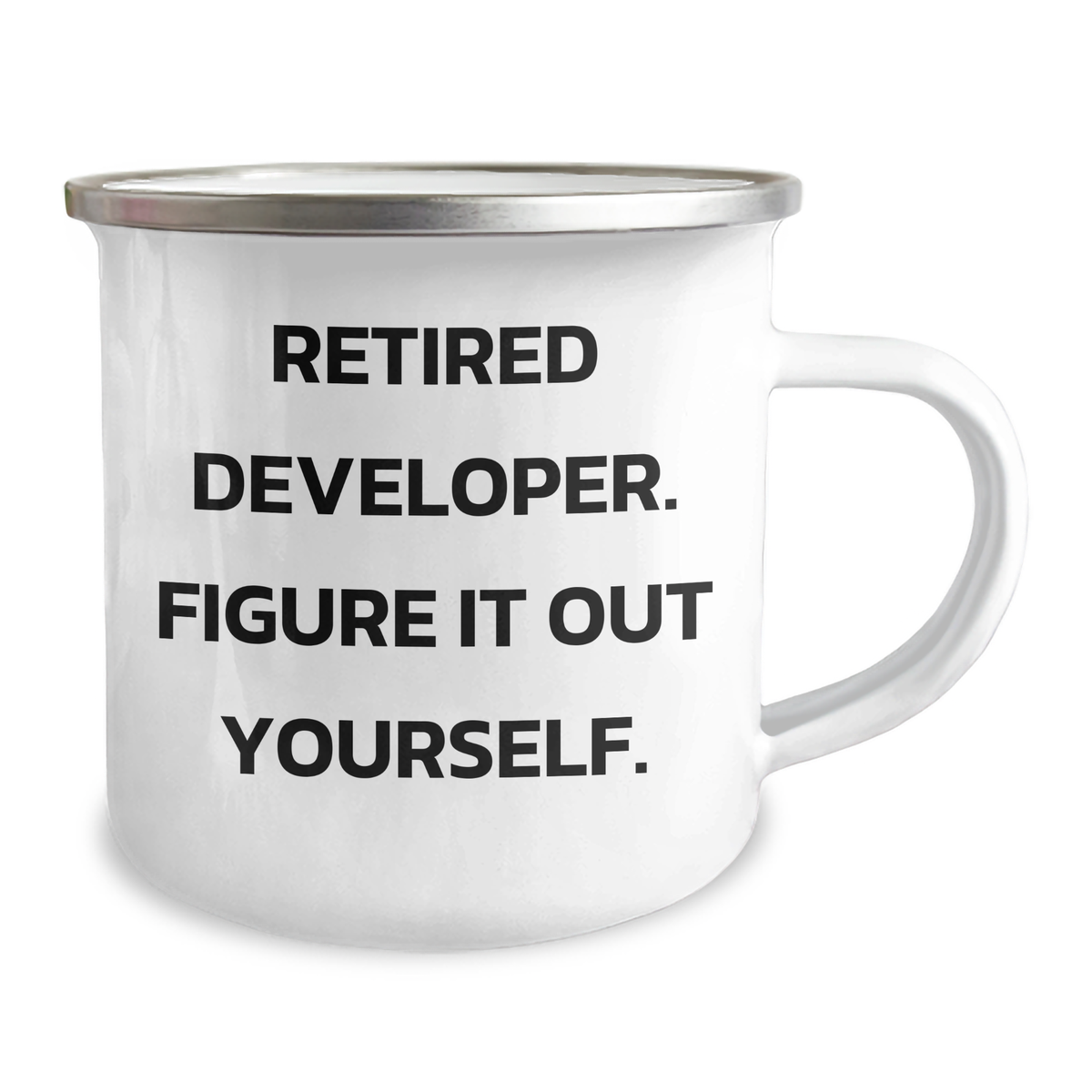 Funny Developer Gifts for Him - 'Retired Developer. Figure It Out Yourself.' Camping Mug, Stainless Steel with Enamel Finish, 12 oz Capacity, Gifts from Friends for Father's Day - Image 2