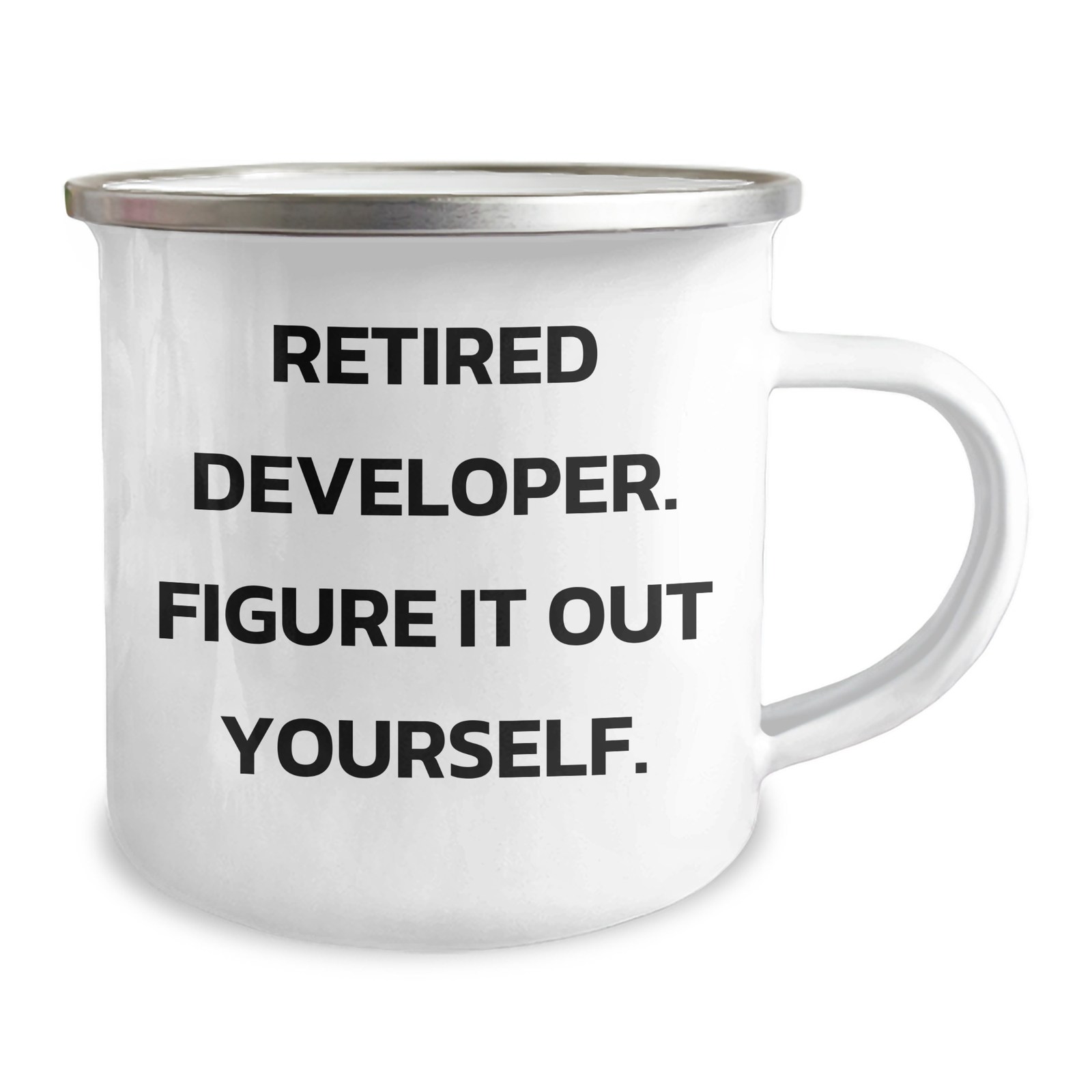 Funny Developer Gifts for Him - 'Retired Developer. Figure It Out Yourself.' Camping Mug, Stainless Steel with Enamel Finish, 12 oz Capacity, Gifts from Friends for Father's Day - Image 2