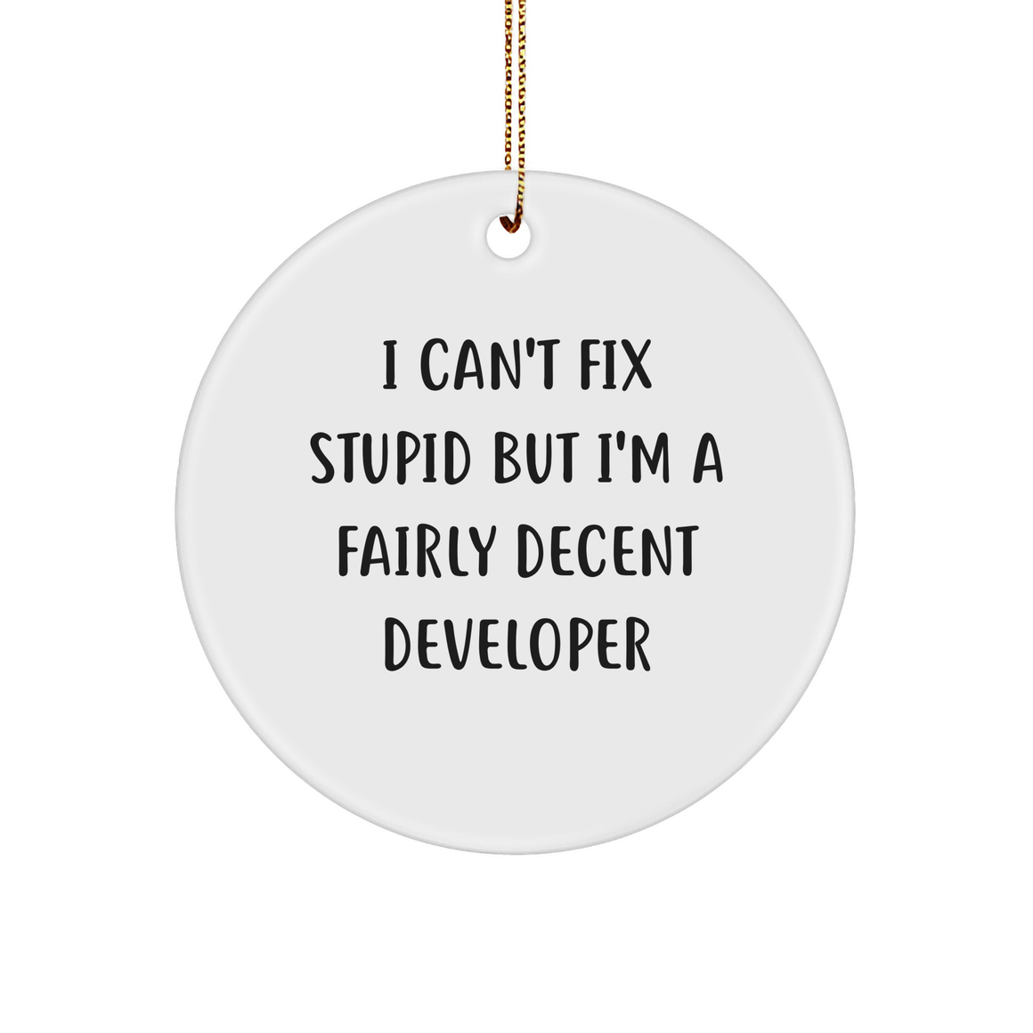 Developer Circle Ornament - A Fairly Decent Gift for Christmas, Quotes about Developer Humor, Funny Developer Gift Ideas, I Can't Fix Stupid But I'm A Fairly Decent Developer Quote Circle Ornament - Image 1