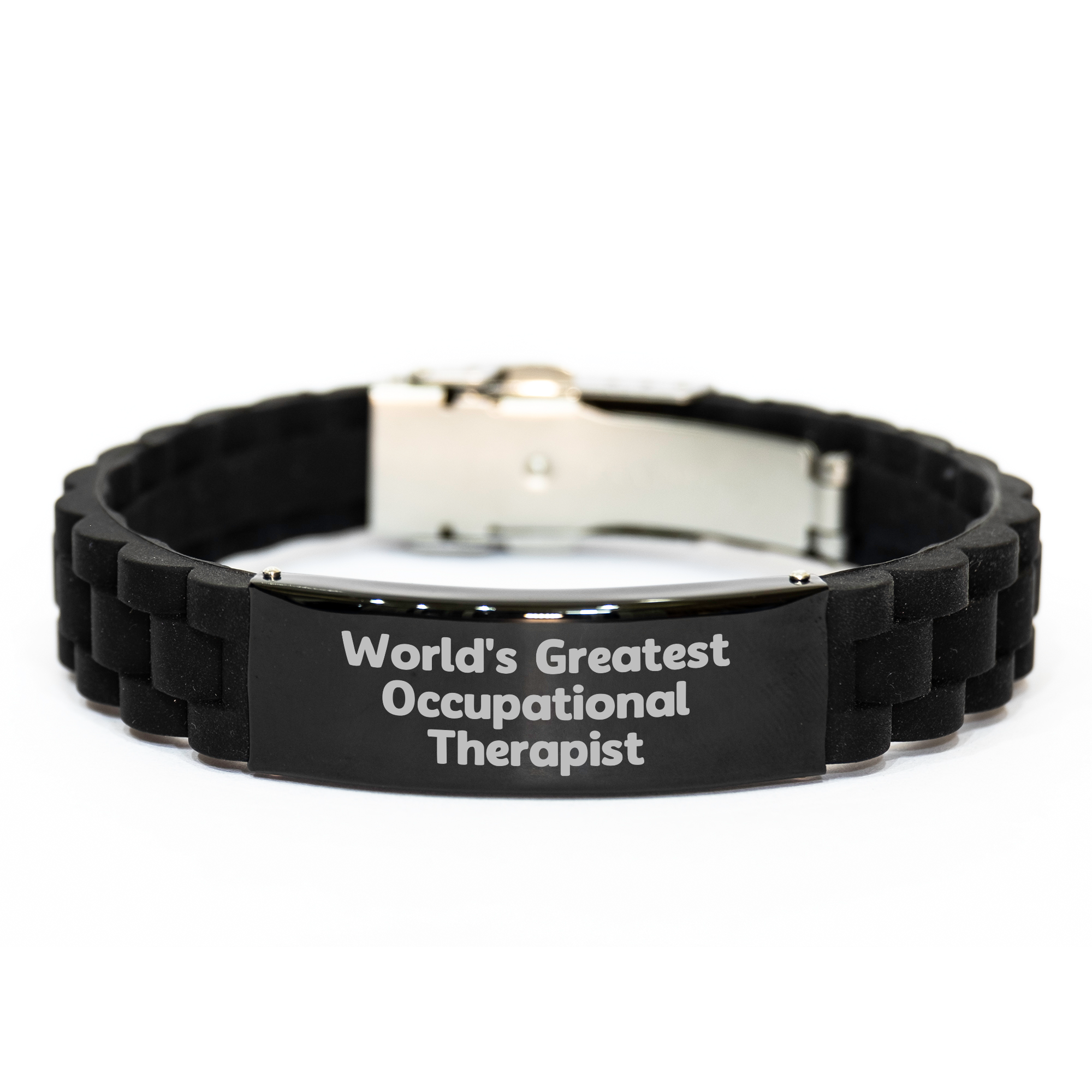 Funny Occupational Therapist Gifts from Friends on Mother's Day - 'World's Greatest' Glide lock Clasp Black Stainless Steel Adjustable Silicone Bracelet for Her - Image 1
