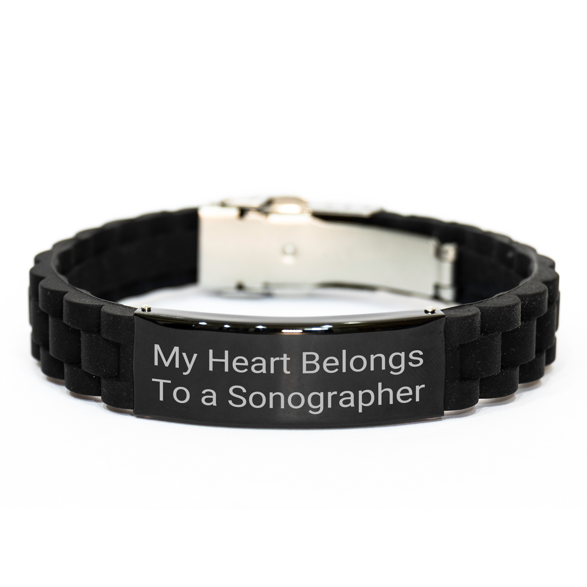 Funny Sonographer Gifts for Him, Glide lock Clasp Black Stainless Steel Silicone Adjustable Bracelet, My Heart Belongs To A Sonographer, Father's Day Unique Gifts from Family - Image 1