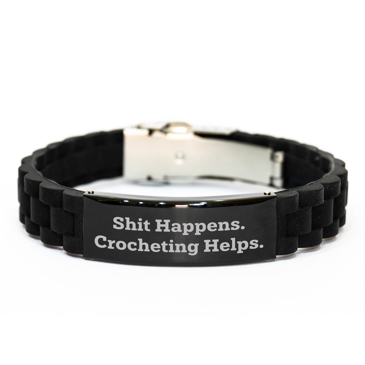 Funny Crocheting Gifts for Men, Glide lock Clasp Bracelet with Shit Happens. Crocheting Helps. - Gifts from Family, Unique Father&#39;s Day Unique Gift for Crocheting Enthusiasts - Image 1