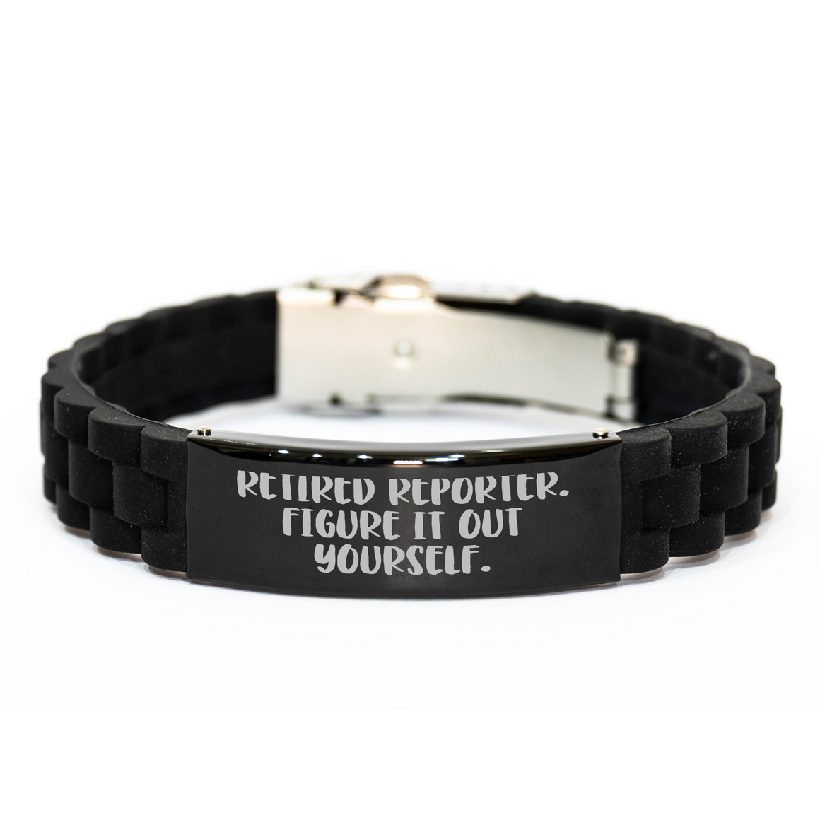 Reporter Gifts from Friends, Glide lock Clasp Black Stainless Steel Silicone Adjustable Gift for Retired Reporters 'Figure It Out Yourself', Father's Day Unique Gifts - Image 1