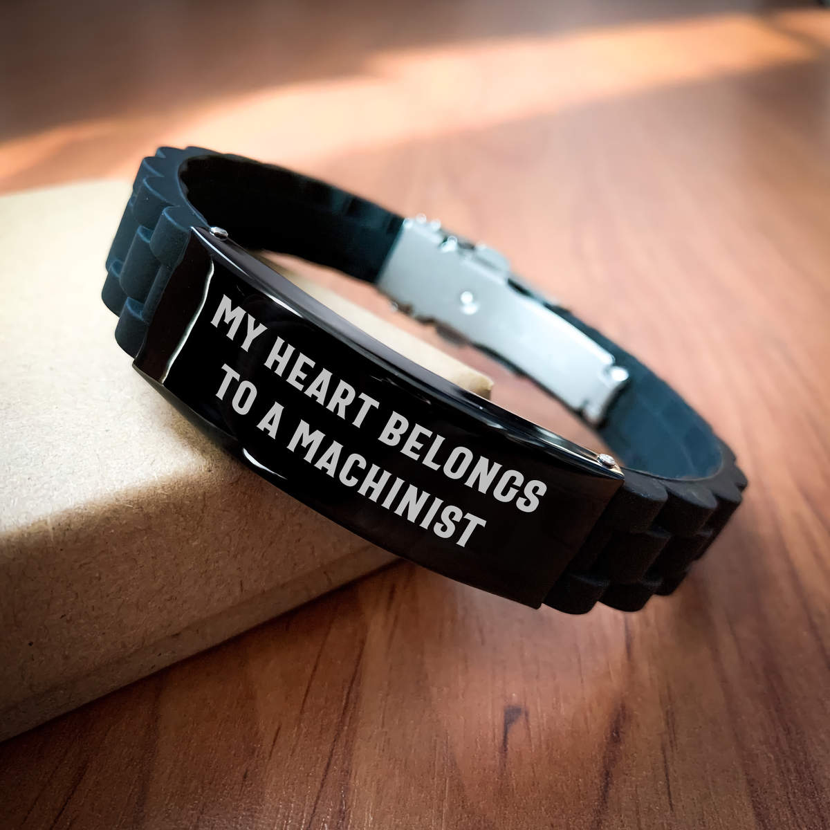 Machinist Gifts from Friends - 'My Heart Belongs To A Machinist' Glide lock Clasp Black Stainless Steel Silicone Adjustable Jewelry for Men, Unique Father's Day Unique Gifts - Image 2