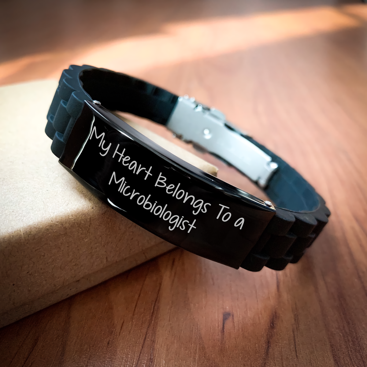 Funny Microbiologist Gifts for Men, My Heart Belongs To A Microbiologist Glide lock Clasp Black Stainless Steel, Adjustable, Premium Bag, Gifts from Men for Microbiologists on Father's Day - Image 2