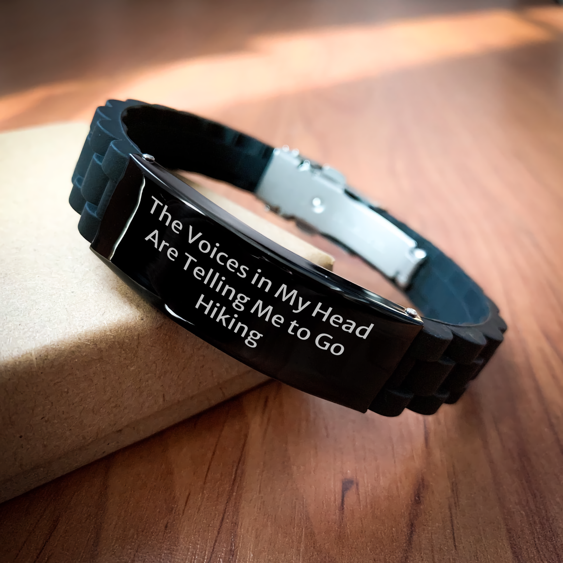 Hiking Inspiration Gifts for Men, Funny Quote 'The Voices In My Head Are Telling Me To Go Hiking' Glide lock Clasp Black Stainless Steel Adjustable Bracelet, Father's Day Unique Gifts from Family - Image 2