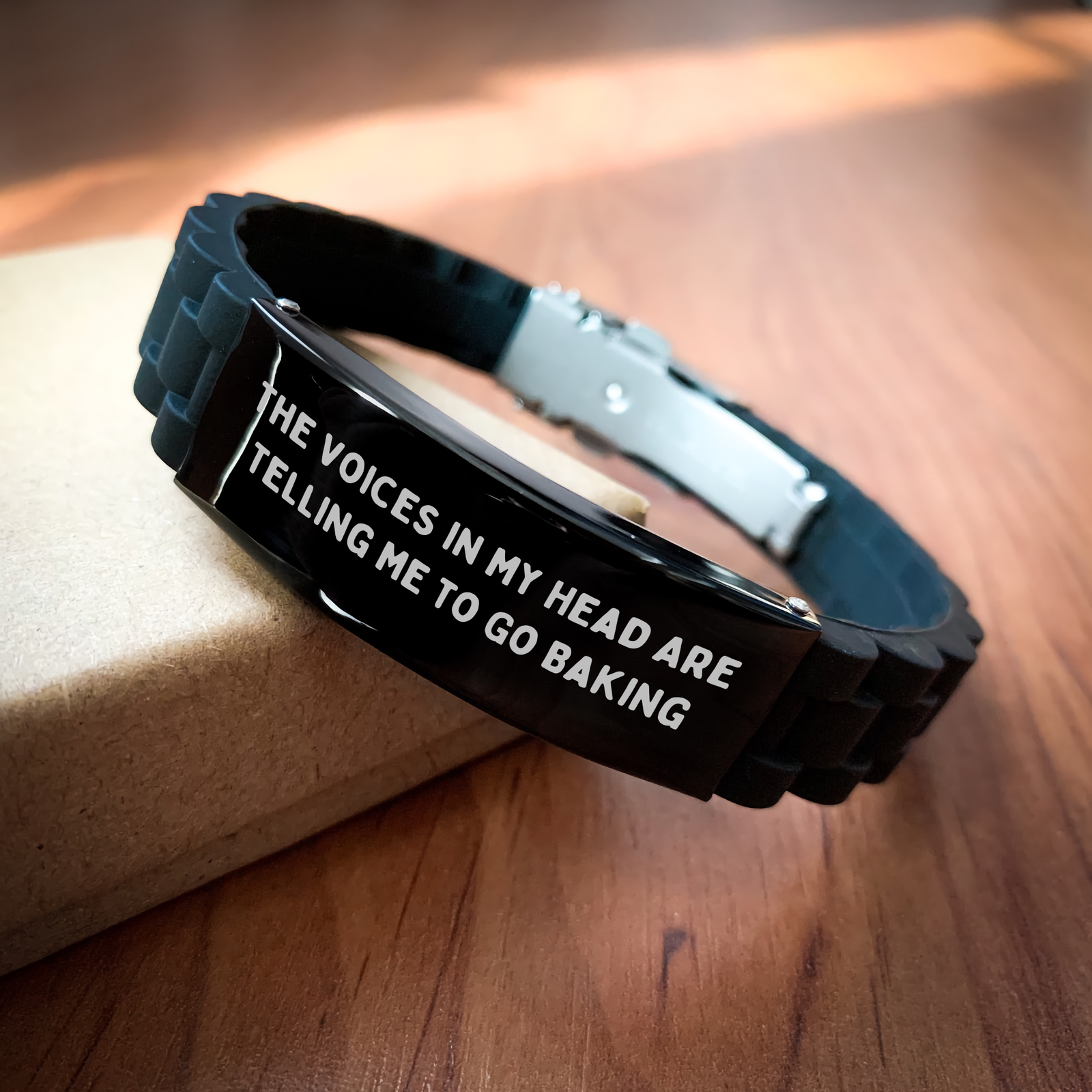 Funny Baking Gifts for Men, 'The Voices In My Head Are Telling Me To Go Baking' Quote Glide lock Clasp Bracelet, Black Stainless Steel and Silicone, Adjustable, Father's Day Unique Gifts from Family - Image 2