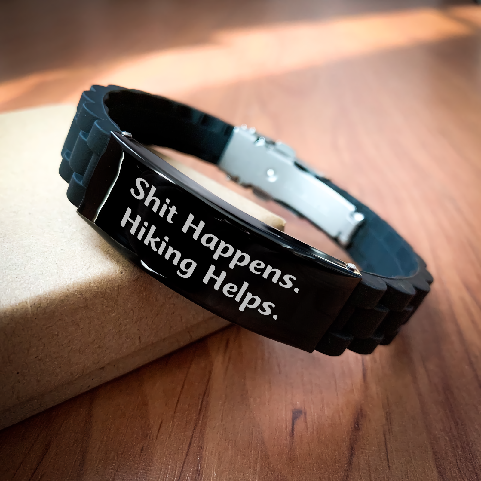 Funny Hiking Gifts for Men - Shit Happens. Hiking Helps. Glide lock Clasp Black Stainless Steel Adjustable Strap from Friends for Father's Day - Image 2