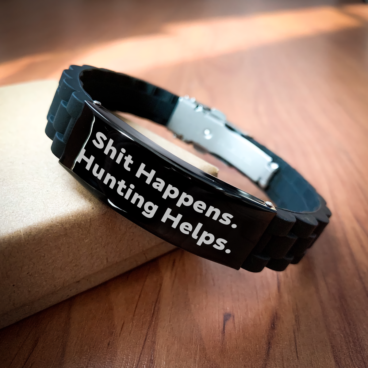 Funny Hunting Gifts from Men - Shit Happens. Hunting Helps. Glide lock Clasp Bracelet for Dad on Father's Day - Adjustable, Rust-Resistant, and Silicone - Image 2