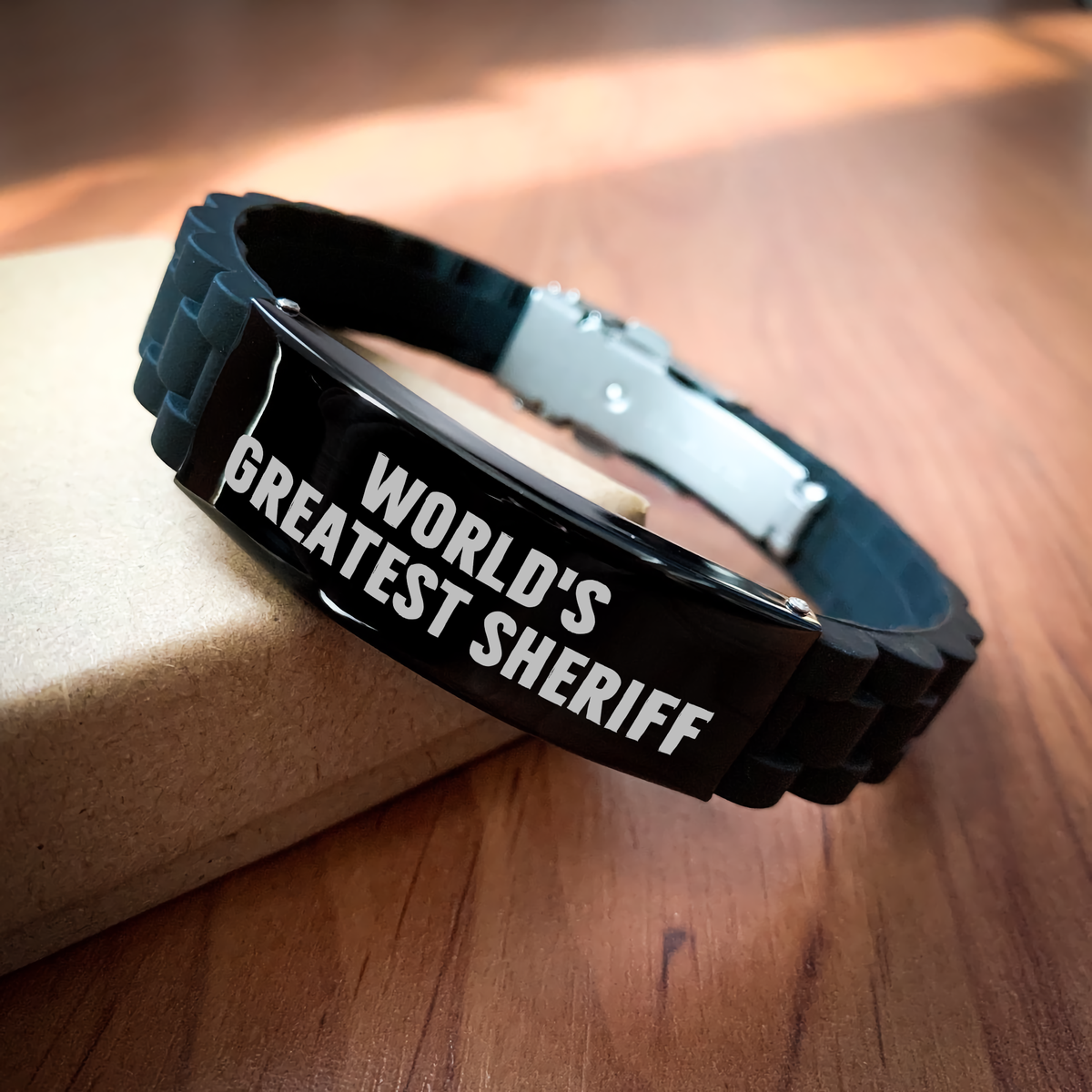 Funny Sheriff Gifts for Mom - World's Greatest Sheriff Glide lock Clasp Black Stainless Steel Silicone Adjustable Bracelet, Gifts from Men to Women on Mother's Day - Image 2